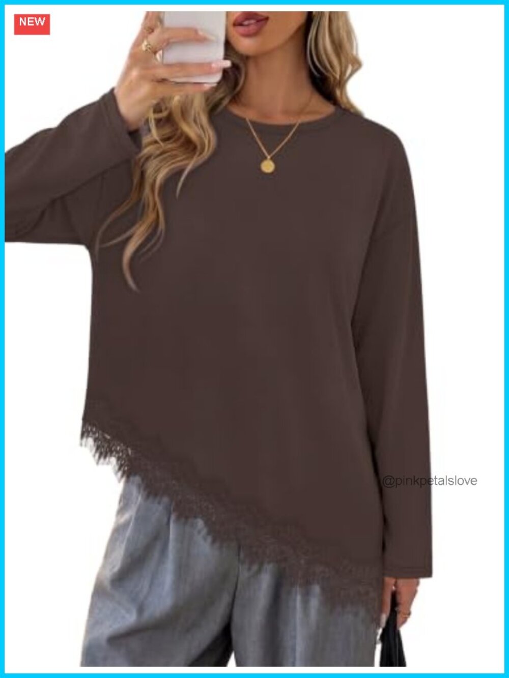 Womens Long Sleeve Tunic Top Lace Hem Asymmetrical Blouse